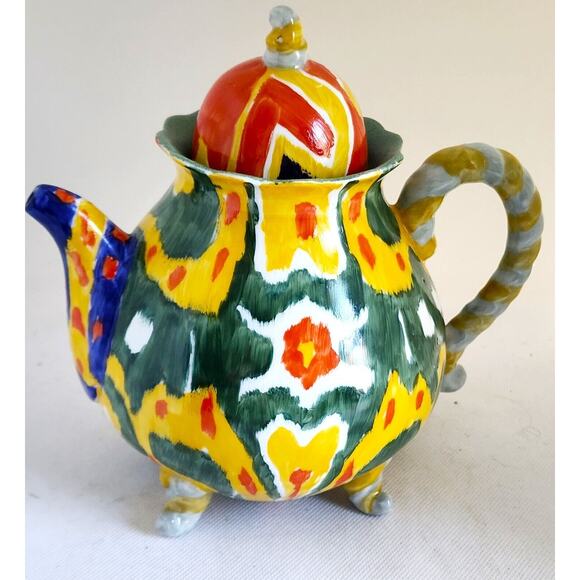 TEAPOT/ANTHROPOLOGY-Blackbird-Green-Yellow-"Tie Dye" Design-Hand Painted-4 cups - Picture 4 of 14
